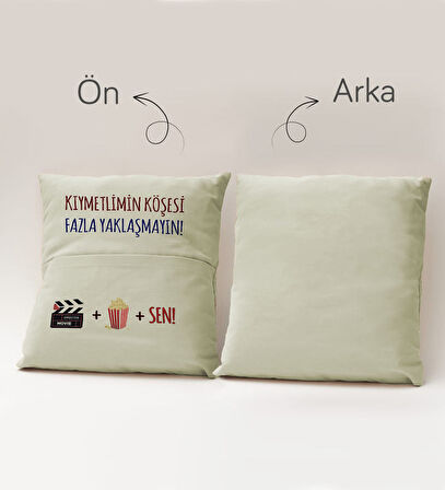 BK Gift Eğlenceli Tasarımlı Organizer Kumanda ve Atıştırmalık Cepli Krem Kırlent Yastık- 9, Ev Dekor