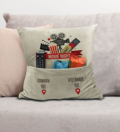 BK Gift Eğlenceli Tasarımlı Organizer Kumanda ve Atıştırmalık Cepli Krem Kırlent Yastık- 12, Ev Deko