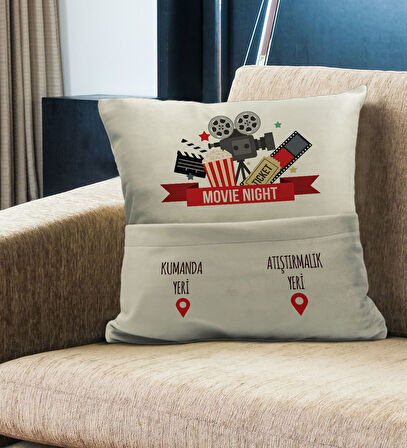 BK Gift Eğlenceli Tasarımlı Organizer Kumanda ve Atıştırmalık Cepli Krem Kırlent Yastık- 12, Ev Deko