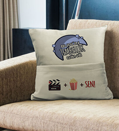 BK Gift Eğlenceli Tasarımlı Organizer Kumanda ve Atıştırmalık Cepli Krem Kırlent Yastık- 13, Ev Deko