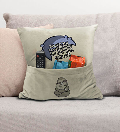 BK Gift Eğlenceli Tasarımlı Organizer Kumanda ve Atıştırmalık Cepli Krem Kırlent Yastık- 14, Ev Deko