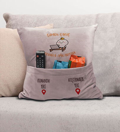 BK Gift Eğlenceli Tasarımlı Organizer Kumanda ve Atıştırmalık Cepli Pembe Kırlent Yastık- 1, Ev Deko