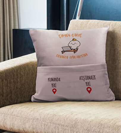 BK Gift Eğlenceli Tasarımlı Organizer Kumanda ve Atıştırmalık Cepli Pembe Kırlent Yastık- 1, Ev Deko