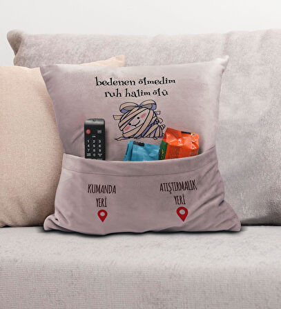 BK Gift Eğlenceli Tasarımlı Organizer Kumanda ve Atıştırmalık Cepli Pembe Kırlent Yastık- 4, Ev Deko