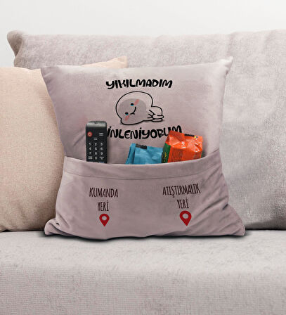 BK Gift Eğlenceli Tasarımlı Organizer Kumanda ve Atıştırmalık Cepli Pembe Kırlent Yastık- 5, Ev Deko