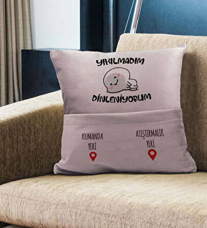 BK Gift Eğlenceli Tasarımlı Organizer Kumanda ve Atıştırmalık Cepli Pembe Kırlent Yastık- 5, Ev Deko