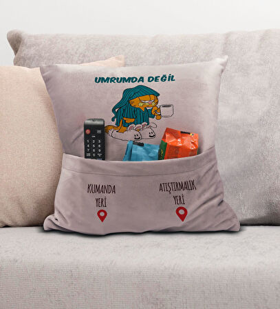 BK Gift Eğlenceli Tasarımlı Organizer Kumanda ve Atıştırmalık Cepli Pembe Kırlent Yastık- 6, Ev Deko