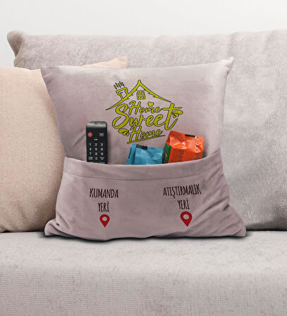 BK Gift Eğlenceli Tasarımlı Organizer Kumanda ve Atıştırmalık Cepli Pembe Kırlent Yastık- 7, Ev Deko