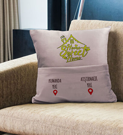 BK Gift Eğlenceli Tasarımlı Organizer Kumanda ve Atıştırmalık Cepli Pembe Kırlent Yastık- 7, Ev Deko