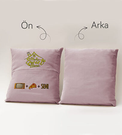 BK Gift Eğlenceli Tasarımlı Organizer Kumanda ve Atıştırmalık Cepli Pembe Kırlent Yastık- 8, Ev Deko