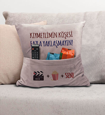 BK Gift Eğlenceli Tasarımlı Organizer Kumanda ve Atıştırmalık Cepli Pembe Kırlent Yastık- 9, Ev Deko