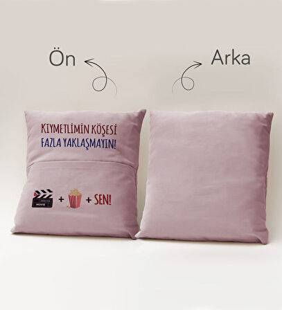 BK Gift Eğlenceli Tasarımlı Organizer Kumanda ve Atıştırmalık Cepli Pembe Kırlent Yastık- 9, Ev Deko