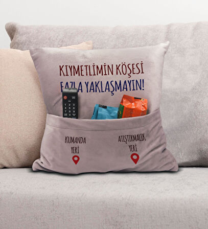 BK Gift Eğlenceli Tasarımlı Organizer Kumanda ve Atıştırmalık Cepli Pembe Kırlent Yastık- 10, Ev Dek