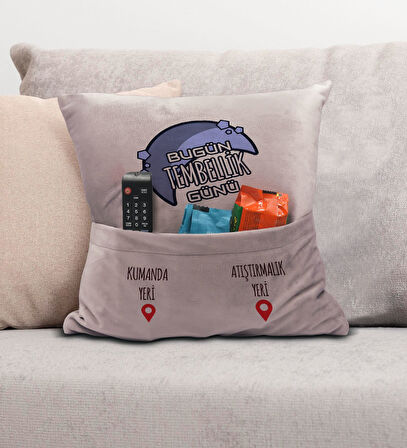 BK Gift Eğlenceli Tasarımlı Organizer Kumanda ve Atıştırmalık Cepli Pembe Kırlent Yastık- 15, Ev Dek