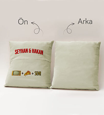 BK Gift Kişiye Özel Tasarımlı Organizer Kumanda ve Atıştırmalık Cepli Krem Kırlent Yastık- 2, Ev Dek