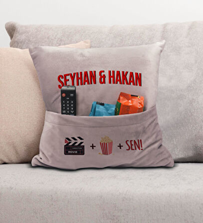 BK Gift Kişiye Özel Tasarımlı Organizer Kumanda ve Atıştırmalık Cepli Pembe Kırlent Yastık- 1, Ev De
