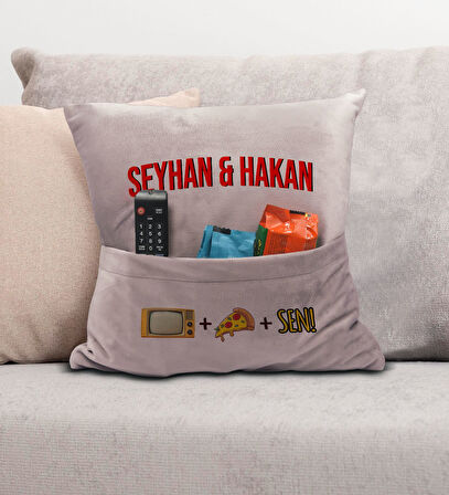 BK Gift Kişiye Özel Tasarımlı Organizer Kumanda ve Atıştırmalık Cepli Pembe Kırlent Yastık- 2, Ev De