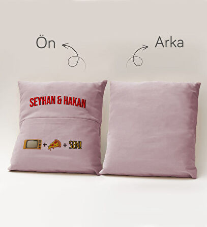 BK Gift Kişiye Özel Tasarımlı Organizer Kumanda ve Atıştırmalık Cepli Pembe Kırlent Yastık- 2, Ev De
