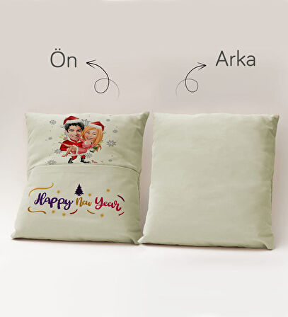 BK Gift Kişiye Özel Yılbaşı Karikatür Tasarımlı Organizer Kumanda ve Atıştırmalık Cepli Krem Kırlent