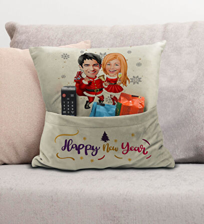 BK Gift Kişiye Özel Yılbaşı Karikatür Tasarımlı Organizer Kumanda ve Atıştırmalık Cepli Krem Kırlent