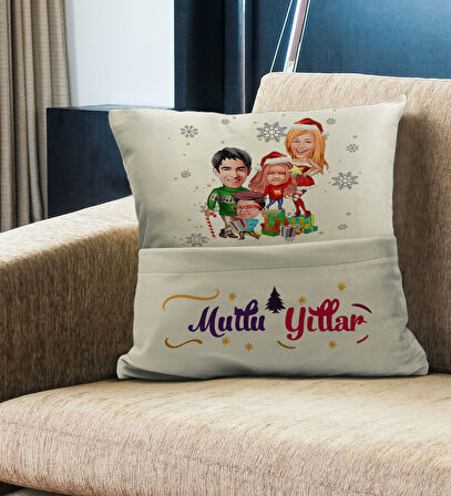 BK Gift Kişiye Özel Yılbaşı Karikatür Tasarımlı Organizer Kumanda ve Atıştırmalık Cepli Krem Kırlent