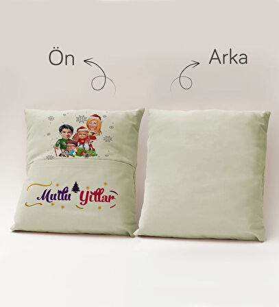 BK Gift Kişiye Özel Yılbaşı Karikatür Tasarımlı Organizer Kumanda ve Atıştırmalık Cepli Krem Kırlent