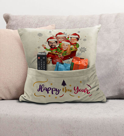 BK Gift Kişiye Özel Yılbaşı Karikatür Tasarımlı Organizer Kumanda ve Atıştırmalık Cepli Krem Kırlent