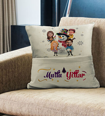 BK Gift Kişiye Özel Yılbaşı Karikatür Tasarımlı Organizer Kumanda ve Atıştırmalık Cepli Krem Kırlent