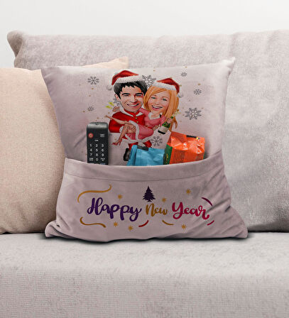 BK Gift Kişiye Özel Yılbaşı Karikatür Tasarımlı Organizer Kumanda ve Atıştırmalık Cepli Pembe Kırlen