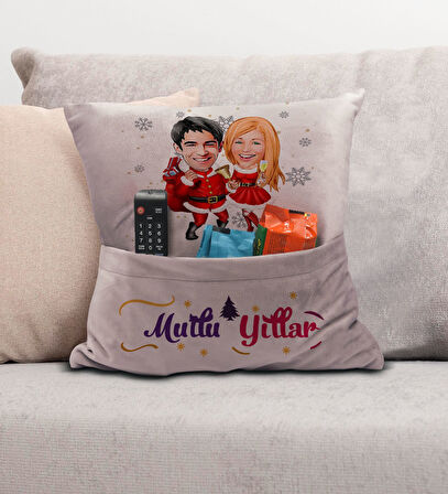 BK Gift Kişiye Özel Yılbaşı Karikatür Tasarımlı Organizer Kumanda ve Atıştırmalık Cepli Pembe Kırlen