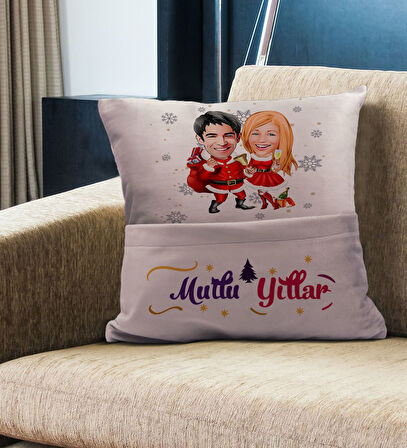 BK Gift Kişiye Özel Yılbaşı Karikatür Tasarımlı Organizer Kumanda ve Atıştırmalık Cepli Pembe Kırlen