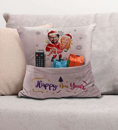 BK Gift Kişiye Özel Yılbaşı Karikatür Tasarımlı Organizer Kumanda ve Atıştırmalık Cepli Pembe Kırlen