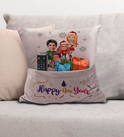 BK Gift Kişiye Özel Yılbaşı Karikatür Tasarımlı Organizer Kumanda ve Atıştırmalık Cepli Pembe Kırlen