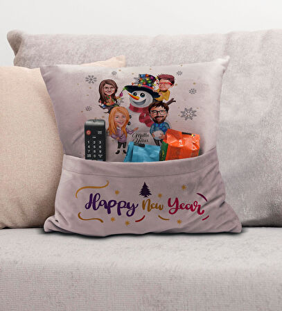 BK Gift Kişiye Özel Yılbaşı Karikatür Tasarımlı Organizer Kumanda ve Atıştırmalık Cepli Pembe Kırlen