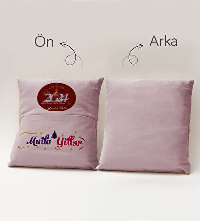 BK Gift Kişiye Özel Yılbaşı Tasarımlı Organizer Kumanda ve Atıştırmalık Cepli Pembe Kırlent Yastık, 