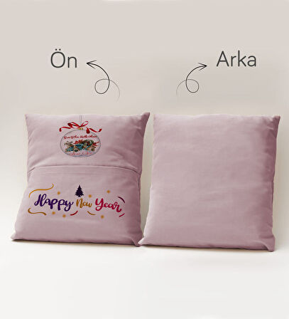 BK Gift Kişiye Özel Yılbaşı Tasarımlı Organizer Kumanda ve Atıştırmalık Cepli Pembe Kırlent Yastık, 