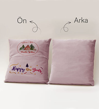 BK Gift Kişiye Özel Yılbaşı Tasarımlı Organizer Kumanda ve Atıştırmalık Cepli Pembe Kırlent Yastık, 