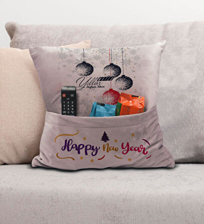 BK Gift Kişiye Özel Yılbaşı Tasarımlı Organizer Kumanda ve Atıştırmalık Cepli Pembe Kırlent Yastık, 