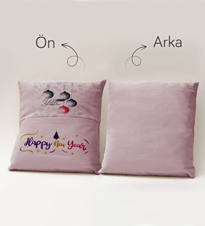 BK Gift Kişiye Özel Yılbaşı Tasarımlı Organizer Kumanda ve Atıştırmalık Cepli Pembe Kırlent Yastık, 