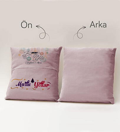 BK Gift Kişiye Özel Yılbaşı Tasarımlı Organizer Kumanda ve Atıştırmalık Cepli Pembe Kırlent Yastık, 