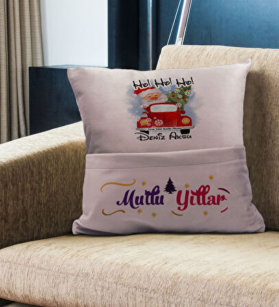 BK Gift Kişiye Özel Yılbaşı Tasarımlı Organizer Kumanda ve Atıştırmalık Cepli Pembe Kırlent Yastık, 