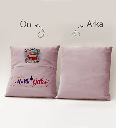 BK Gift Kişiye Özel Yılbaşı Tasarımlı Organizer Kumanda ve Atıştırmalık Cepli Pembe Kırlent Yastık, 