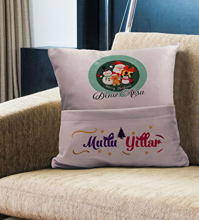 BK Gift Kişiye Özel Yılbaşı Tasarımlı Organizer Kumanda ve Atıştırmalık Cepli Pembe Kırlent Yastık, 