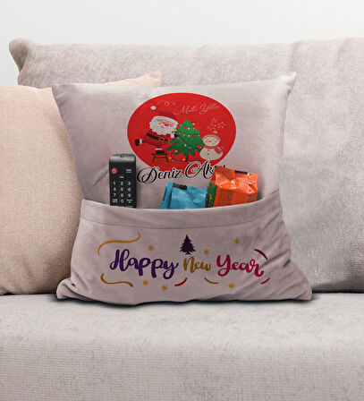 BK Gift Kişiye Özel Yılbaşı Tasarımlı Organizer Kumanda ve Atıştırmalık Cepli Pembe Kırlent Yastık, 