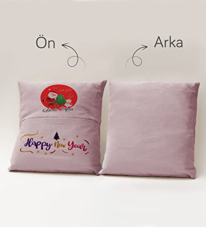 BK Gift Kişiye Özel Yılbaşı Tasarımlı Organizer Kumanda ve Atıştırmalık Cepli Pembe Kırlent Yastık, 