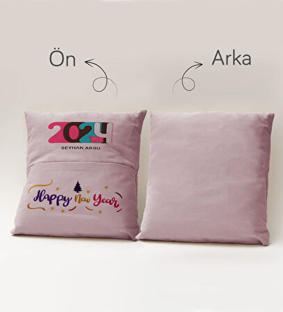 BK Gift Kişiye Özel Yılbaşı Tasarımlı Organizer Kumanda ve Atıştırmalık Cepli Pembe Kırlent Yastık, 