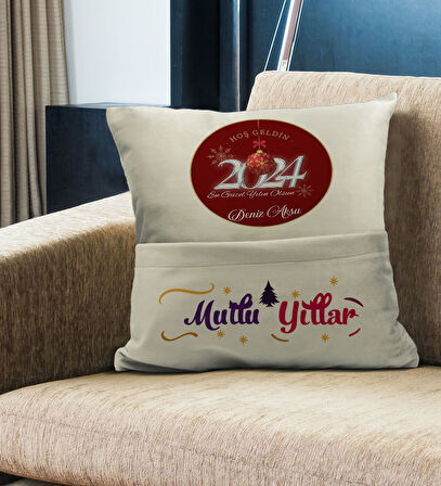 BK Gift Kişiye Özel Yılbaşı Tasarımlı Organizer Kumanda ve Atıştırmalık Cepli Krem Kırlent Yastık, Y
