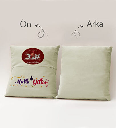 BK Gift Kişiye Özel Yılbaşı Tasarımlı Organizer Kumanda ve Atıştırmalık Cepli Krem Kırlent Yastık, Y