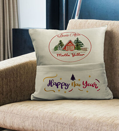 BK Gift Kişiye Özel Yılbaşı Tasarımlı Organizer Kumanda ve Atıştırmalık Cepli Krem Kırlent Yastık, Y