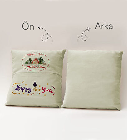 BK Gift Kişiye Özel Yılbaşı Tasarımlı Organizer Kumanda ve Atıştırmalık Cepli Krem Kırlent Yastık, Y